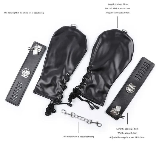 PU Leather Padded Bondage Mitts with Locking Straps & Connecting Chain - Playful Adult Set(Black) V888-ELOSUNG29429