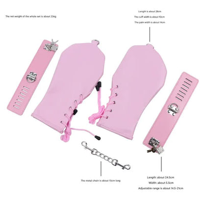 PU Leather Padded Bondage Mitts with Locking Straps & Connecting Chain - Playful Adult Set(Pink) V888-ELOSUNG29430