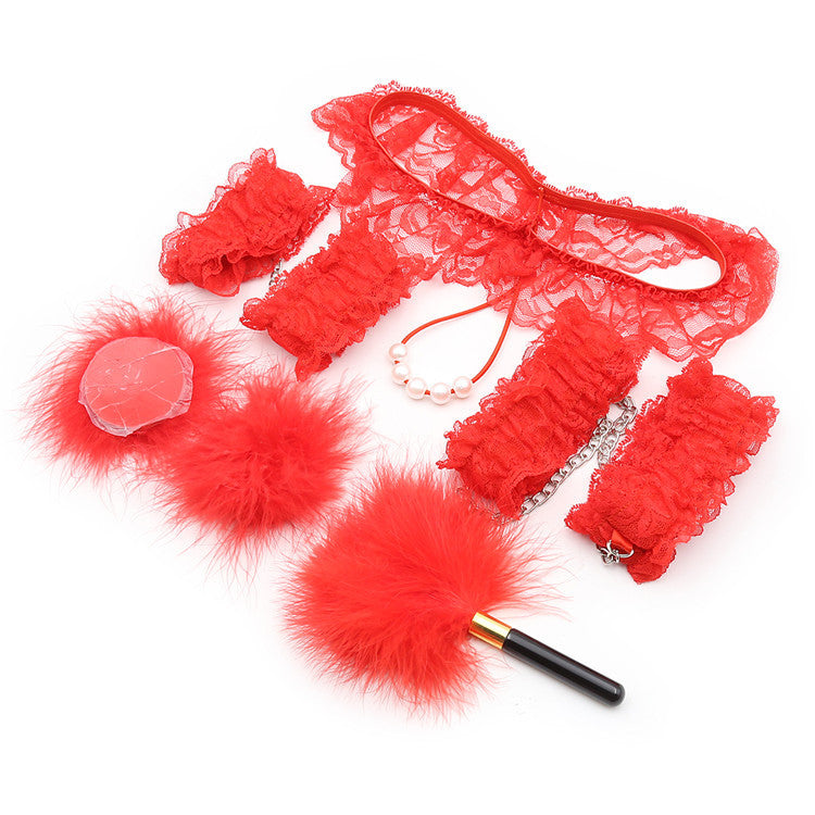 7-Piece Lace & Feather Playful Lingerie Accessory Set - Cuffs, G-String, Tickler &Nipple stickers(red) V888-ELOSUNG29445