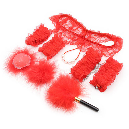 7-Piece Lace & Feather Playful Lingerie Accessory Set - Cuffs, G-String, Tickler &Nipple stickers(red) V888-ELOSUNG29445