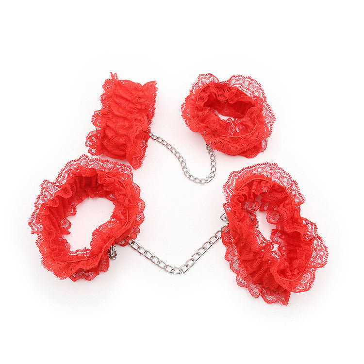 7-Piece Lace & Feather Playful Lingerie Accessory Set - Cuffs, G-String, Tickler &Nipple stickers(red) V888-ELOSUNG29445