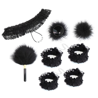 7-Piece Lace & Feather Playful Lingerie Accessory Set - Cuffs, G-String, Tickler &Nipple stickers(red) V888-ELOSUNG29445