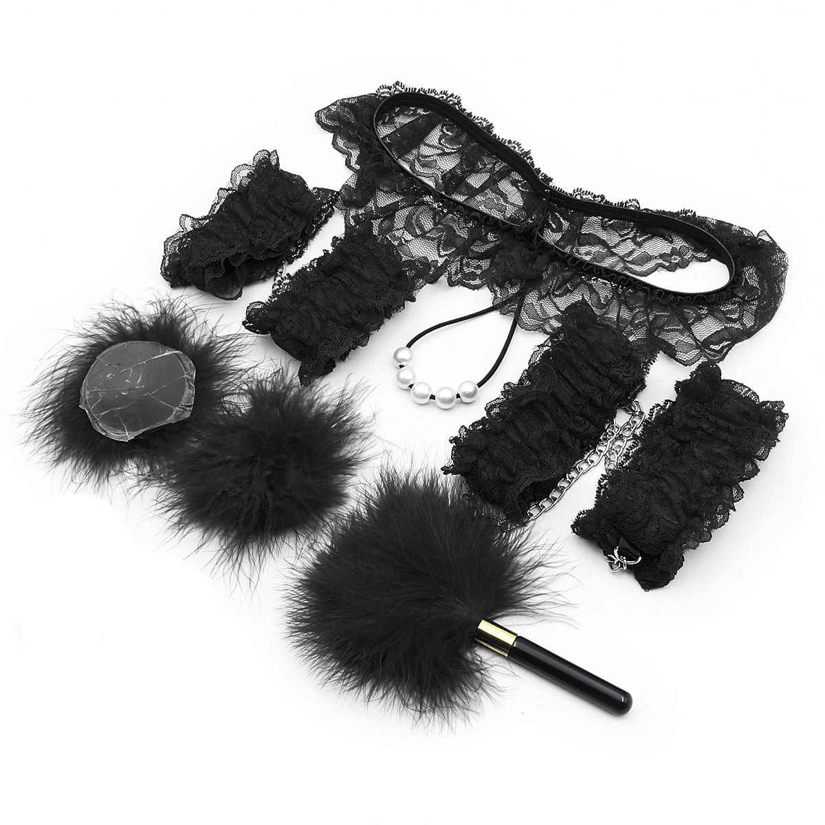 7-Piece Lace & Feather Playful Lingerie Accessory Set - Cuffs, G-String, Tickler &Nipple stickers(black) V888-ELOSUNG29446