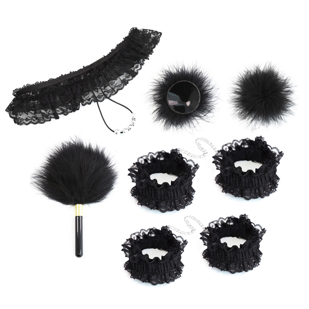7-Piece Lace & Feather Playful Lingerie Accessory Set - Cuffs, G-String, Tickler &Nipple stickers(black) V888-ELOSUNG29446