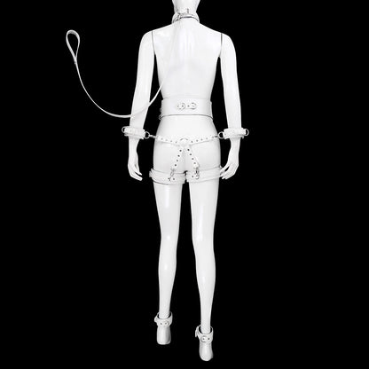 Full Body PU Leather Bondage Restraint Set with Collar, Leash, Cuffs & Harness - Adjustable Adult Play(White) V888-ELOSUNG29449