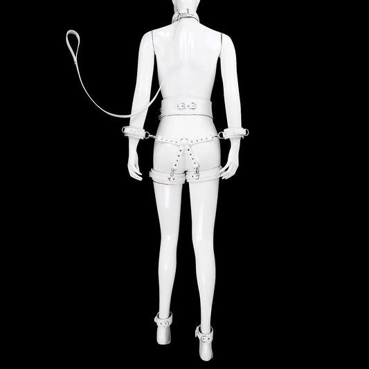 Full Body PU Leather Bondage Restraint Set with Collar, Leash, Cuffs & Harness - Adjustable Adult Play(White) V888-ELOSUNG29449