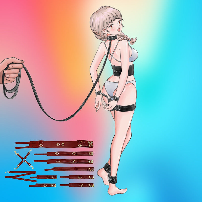 Full Body PU Leather Bondage Restraint Set with Collar, Leash, Cuffs & Harness - Adjustable Adult Play(White) V888-ELOSUNG29449