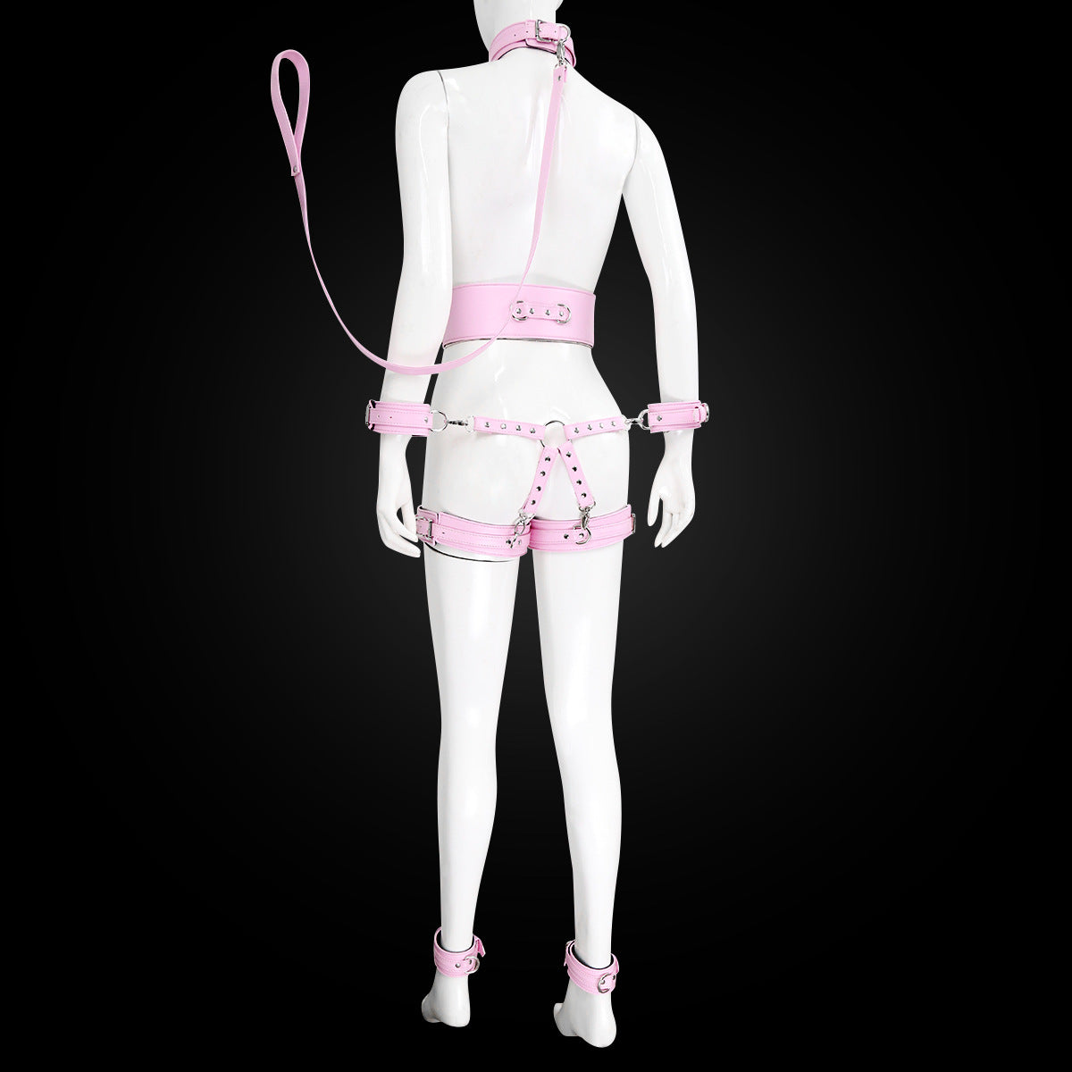 Full Body PU Leather Bondage Restraint Set with Collar, Leash, Cuffs & Harness - Adjustable Adult Play(Pink) V888-ELOSUNG29450