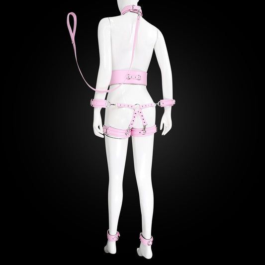 Full Body PU Leather Bondage Restraint Set with Collar, Leash, Cuffs & Harness - Adjustable Adult Play(Pink) V888-ELOSUNG29450