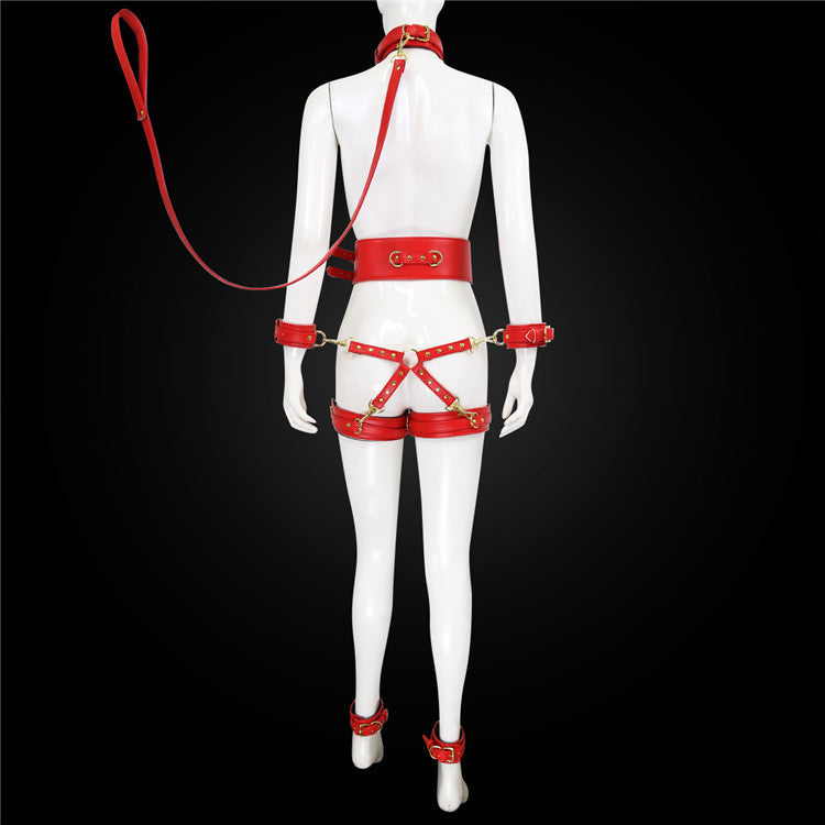 Full Body PU Leather Bondage Restraint Set with Collar, Leash, Cuffs & Harness - Adjustable Adult Play(Red) V888-ELOSUNG29451