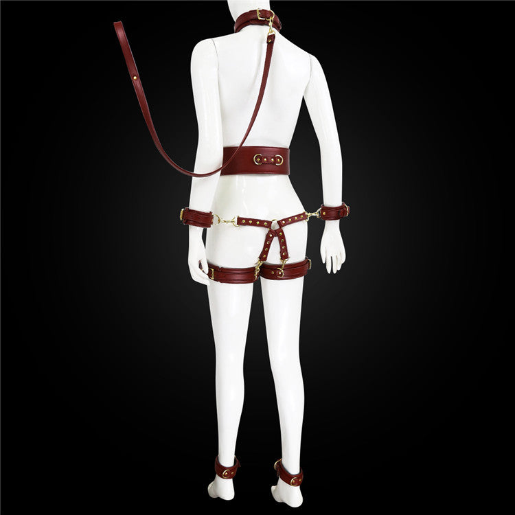 Full Body PU Leather Bondage Restraint Set with Collar, Leash, Cuffs & Harness - Adjustable Adult Play(Coffee) V888-ELOSUNG29452