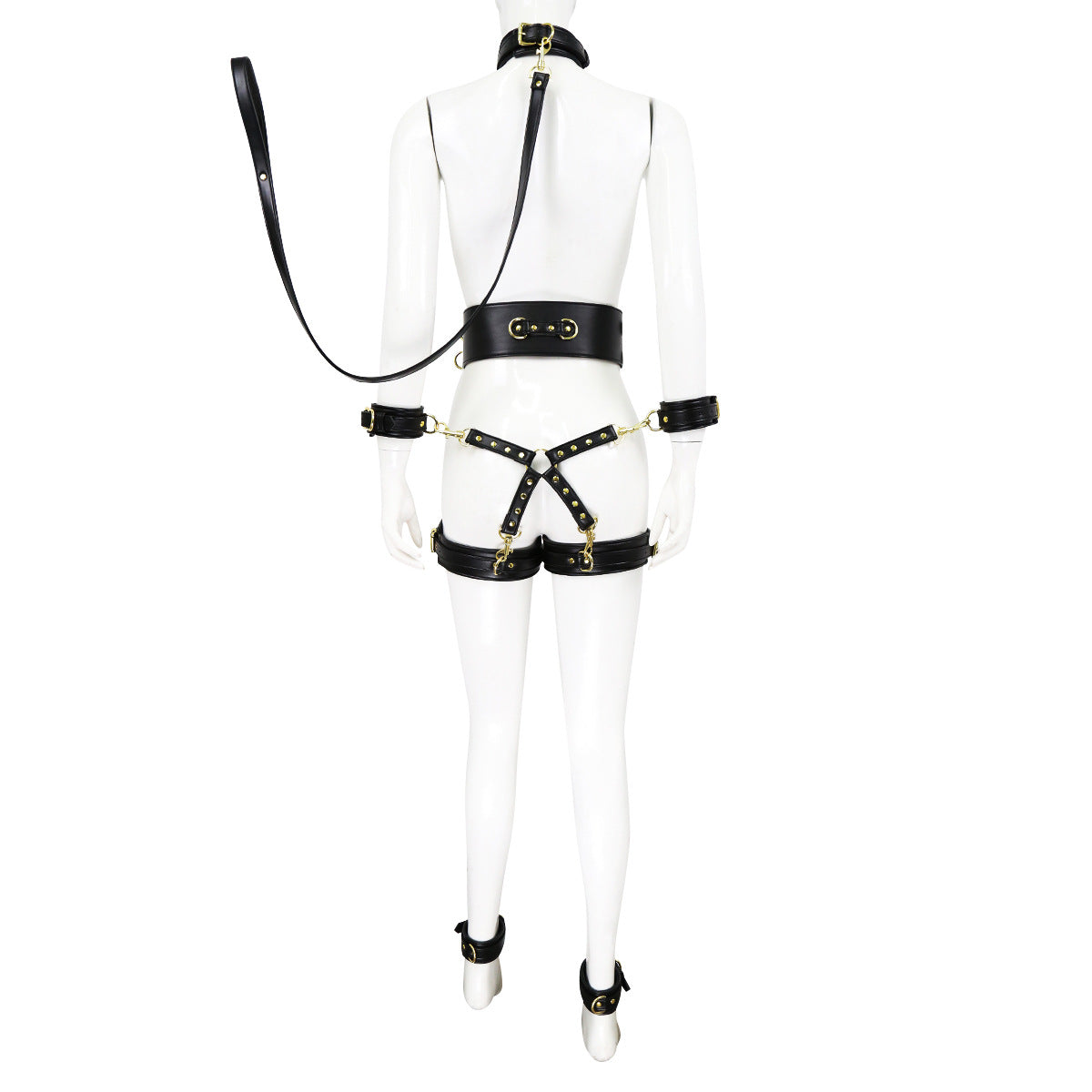 Full Body PU Leather Bondage Restraint Set with Collar, Leash, Cuffs & Harness - Adjustable Adult Play(Black) V888-ELOSUNG29453