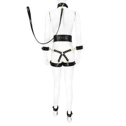 Full Body PU Leather Bondage Restraint Set with Collar, Leash, Cuffs & Harness - Adjustable Adult Play(Black) V888-ELOSUNG29453