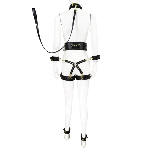 Full Body PU Leather Bondage Restraint Set with Collar, Leash, Cuffs & Harness - Adjustable Adult Play(Black) V888-ELOSUNG29453
