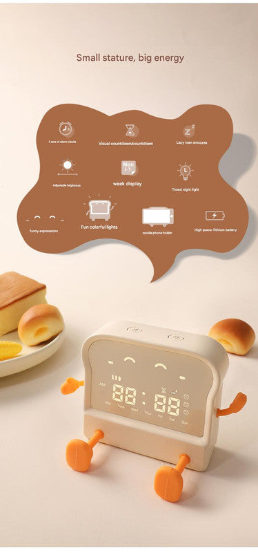 Adorable Toast-Shaped Digital Alarm Clock with Night Light & Phone Stand - Multifunctional Kids Clock(brown) V888-ELOSUNG29562