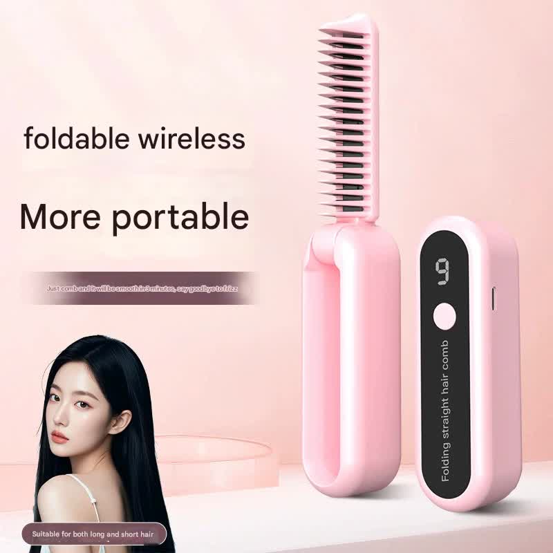 Foldable Wireless Hair Straightener Comb - 9 Temperature Settings, Anti-Scald, USB-C Rechargeable(pink) V888-ELOSUNG29669