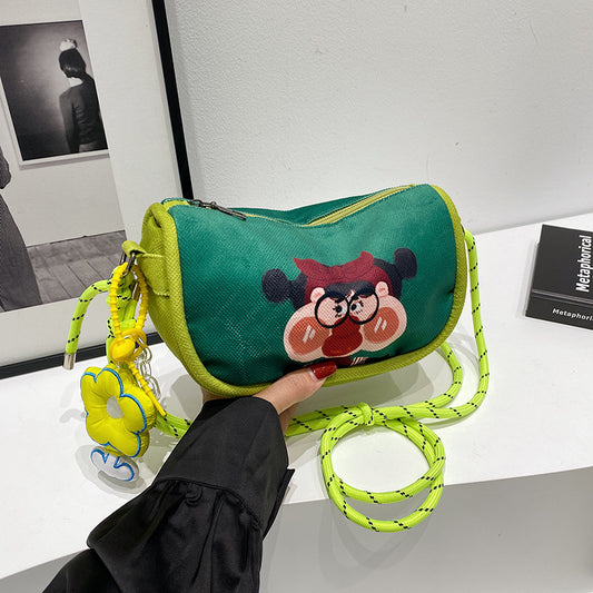 Whimsical Cartoon Girl Crossbody Bag - Lightweight Canvas with Adjustable Rope Strap & Flower Charm(green) V888-ELOSUNG29676