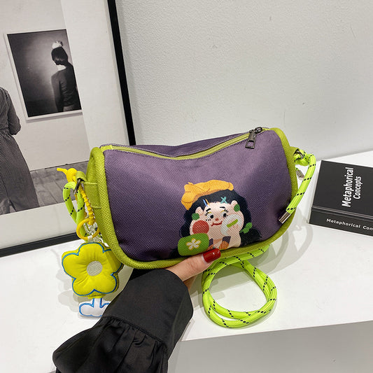 Whimsical Cartoon Girl Crossbody Bag - Lightweight Canvas with Adjustable Rope Strap & Flower Charm(Purple) V888-ELOSUNG29678