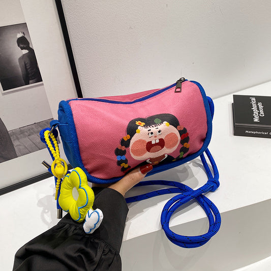 Whimsical Cartoon Girl Crossbody Bag - Lightweight Canvas with Adjustable Rope Strap & Flower Charm(Pink) V888-ELOSUNG29679