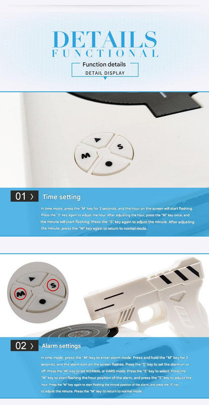 Gun Alarm Clock - Target Shooting Alarm with Infrared Gun, Recordable Alarm & Game Modes(white) V888-ELOSUNG29714