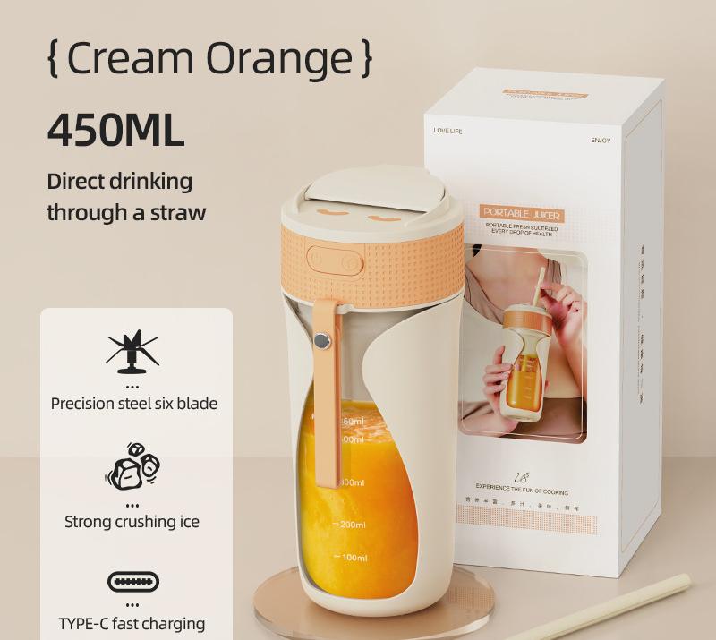 Portable Wireless Juicing Cup - 450ml, 6-Blade Ice Crusher, USB-C Fast Charging Smoothie Blender(orange) V888-ELOSUNG29760