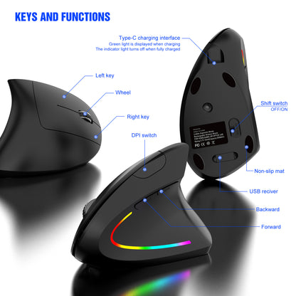 Ergonomic Vertical Wireless Mouse - 2.4G/Bluetooth, Rechargeable, RGB Light, 4 DPI Levels(white) V888-ELOSUNG29825