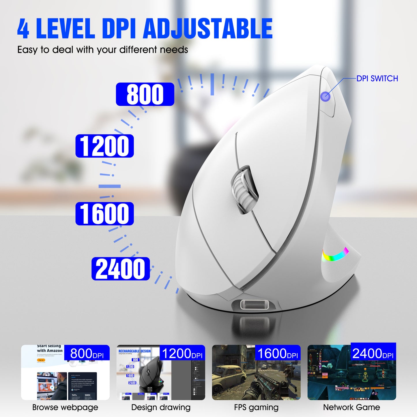 Ergonomic Vertical Wireless Mouse - 2.4G/Bluetooth, Rechargeable, RGB Light, 4 DPI Levels(white) V888-ELOSUNG29825