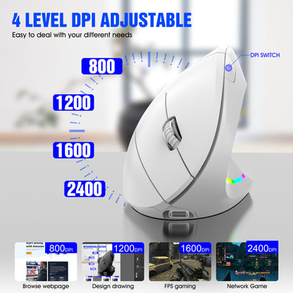 Ergonomic Vertical Wireless Mouse - 2.4G/Bluetooth, Rechargeable, RGB Light, 4 DPI Levels(white) V888-ELOSUNG29825
