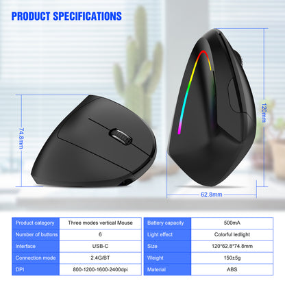 Ergonomic Vertical Wireless Mouse - 2.4G/Bluetooth, Rechargeable, RGB Light, 4 DPI Levels(white) V888-ELOSUNG29825