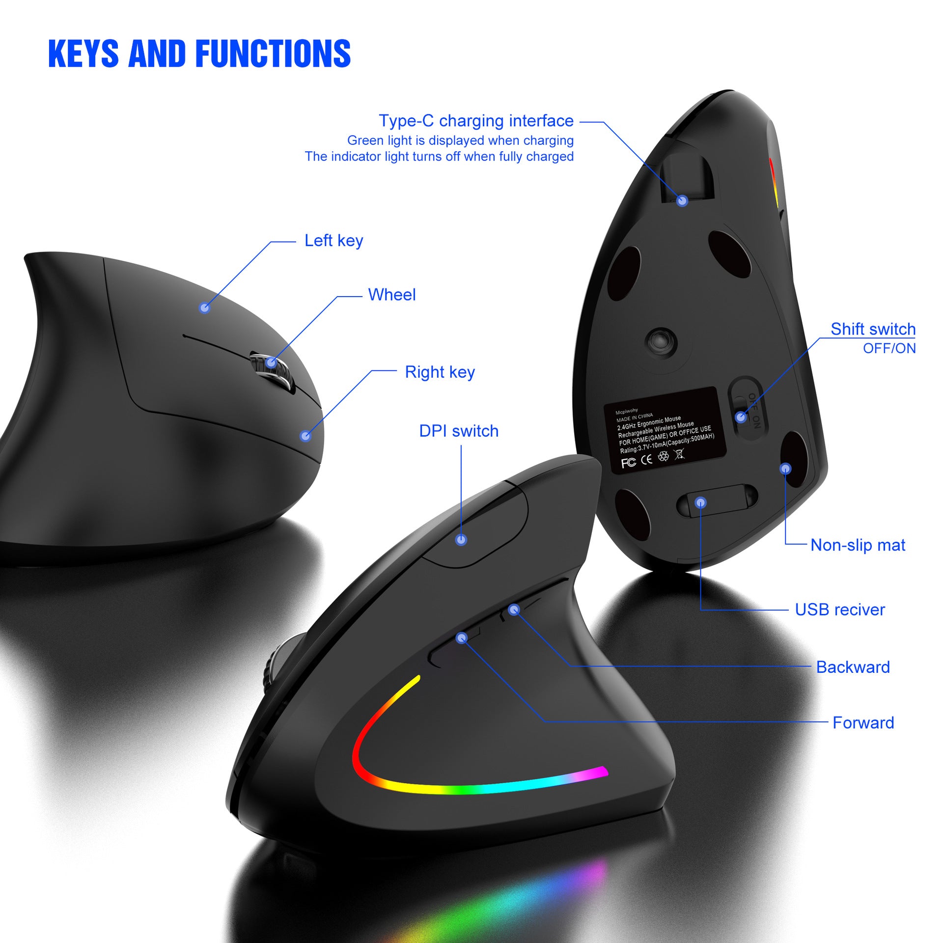 Ergonomic Vertical Wireless Mouse - 2.4G/Bluetooth, Rechargeable, RGB Light, 4 DPI Levels(black) V888-ELOSUNG29827