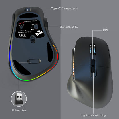 Ergonomic Vertical Wireless Mouse - Dual Mode (2.4G + Bluetooth), RGB Light, Rechargeable 500mAh V888-ELOSUNG29848