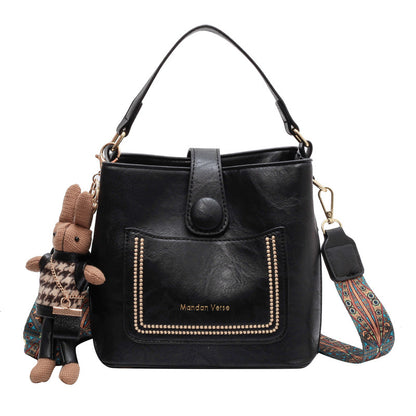 Vintage Style PU Leather Bucket Bag with Wide Patterned Strap & Optional Bunny Charm(black) V888-ELOSUNG29853