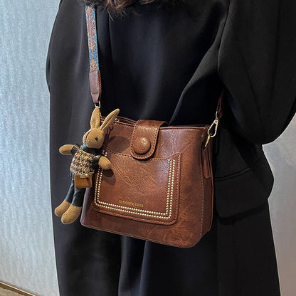 Vintage Style PU Leather Bucket Bag with Wide Patterned Strap & Optional Bunny Charm(black) V888-ELOSUNG29853