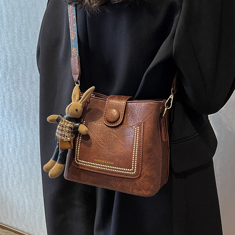 Vintage Style PU Leather Bucket Bag with Wide Patterned Strap & Optional Bunny Charm(red brown) V888-ELOSUNG29855