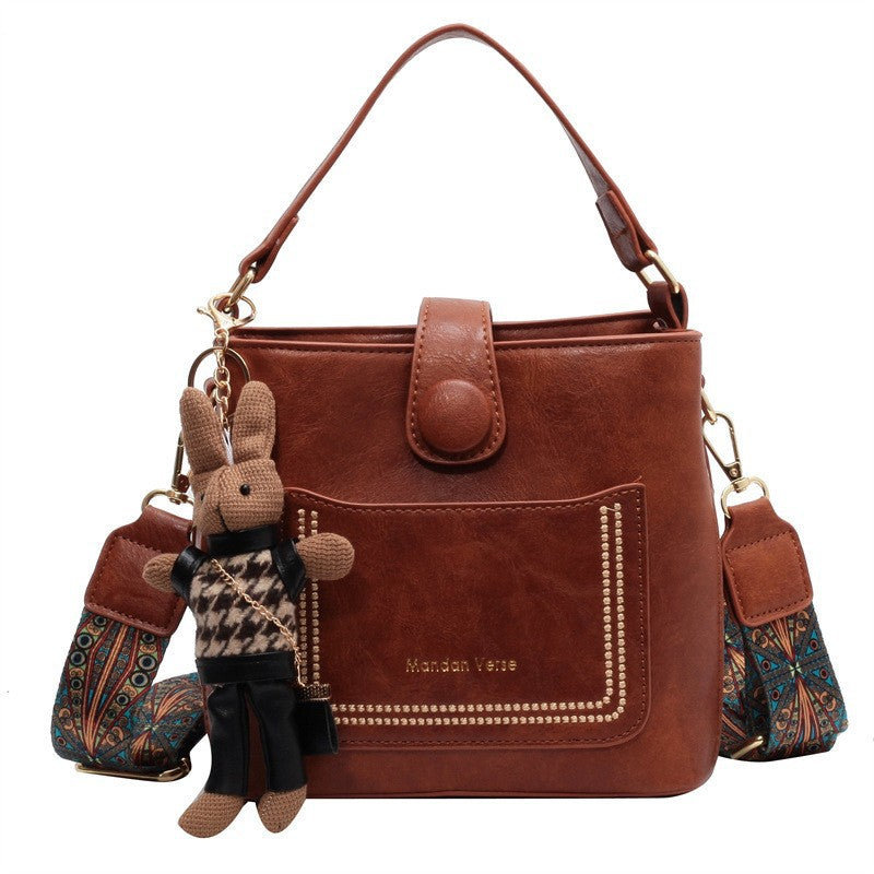 Vintage Style PU Leather Bucket Bag with Wide Patterned Strap & Optional Bunny Charm(caramel) V888-ELOSUNG29856