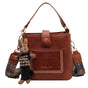 Vintage Style PU Leather Bucket Bag with Wide Patterned Strap & Optional Bunny Charm(caramel) V888-ELOSUNG29856