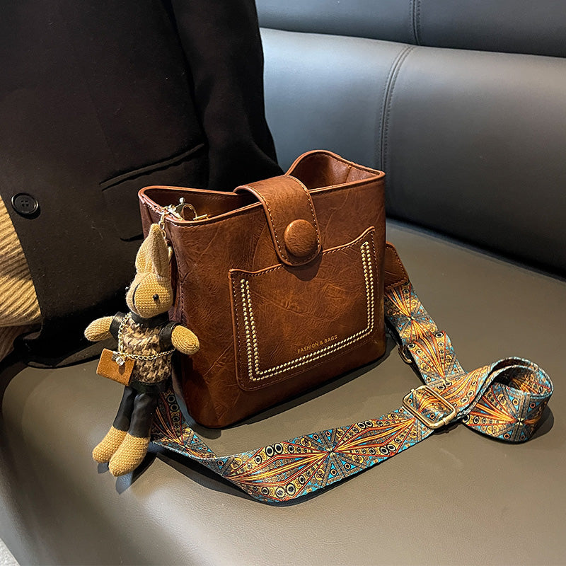 Vintage Style PU Leather Bucket Bag with Wide Patterned Strap & Optional Bunny Charm(caramel) V888-ELOSUNG29856