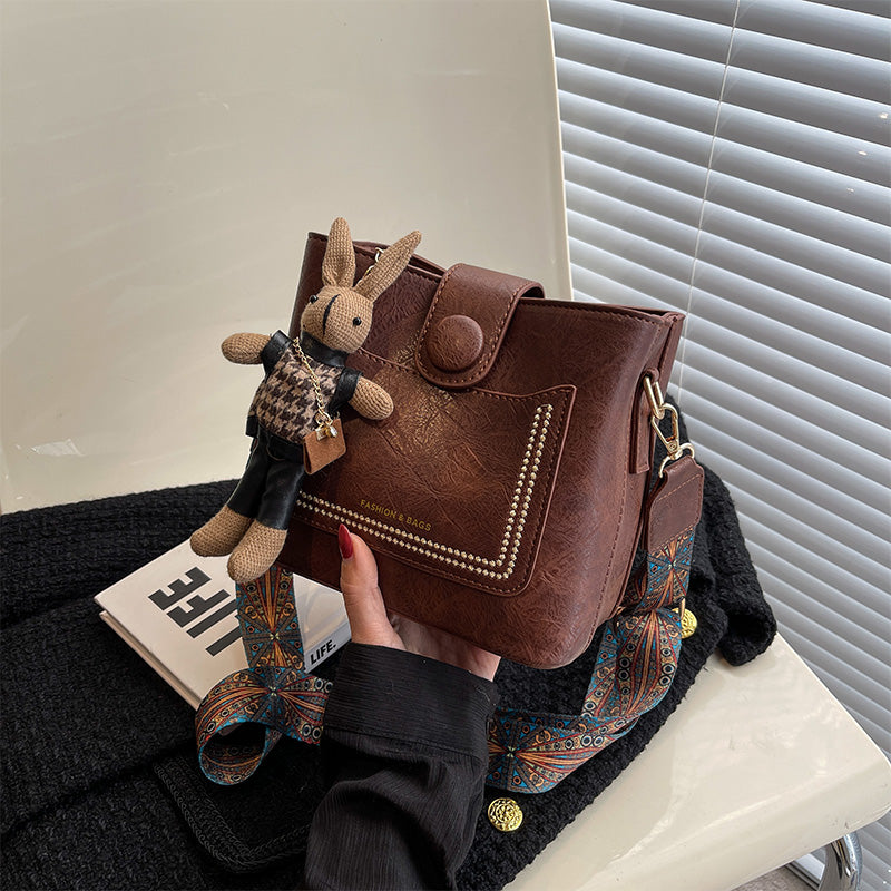 Vintage Style PU Leather Bucket Bag with Wide Patterned Strap & Optional Bunny Charm(caramel) V888-ELOSUNG29856