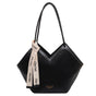 Chic Textured PU Leather Tote Bag with V-Cut Design & Decorative Ribbon Strap Accent(black) V888-ELOSUNG29857