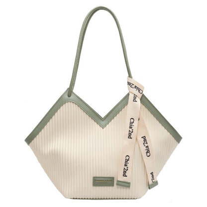 Chic Textured PU Leather Tote Bag with V-Cut Design & Decorative Ribbon Strap Accent(Green) V888-ELOSUNG29860