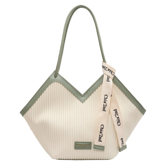 Chic Textured PU Leather Tote Bag with V-Cut Design & Decorative Ribbon Strap Accent(Green) V888-ELOSUNG29860