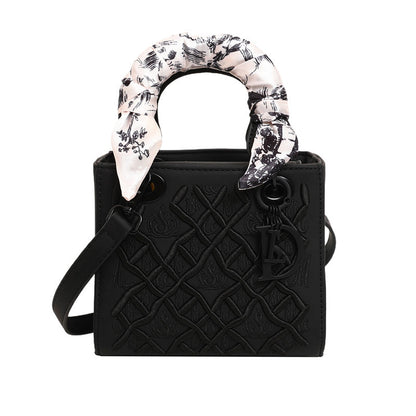 Elegant Embossed PU Leather Handbag with Scarf Detail - Versatile Top-Handle & Crossbody Bag(black) V888-ELOSUNG29924