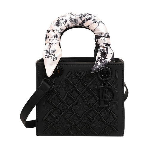 Elegant Embossed PU Leather Handbag with Scarf Detail - Versatile Top-Handle & Crossbody Bag(black) V888-ELOSUNG29924