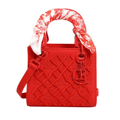 Elegant Embossed PU Leather Handbag with Scarf Detail - Versatile Top-Handle & Crossbody Bag(red) V888-ELOSUNG29926