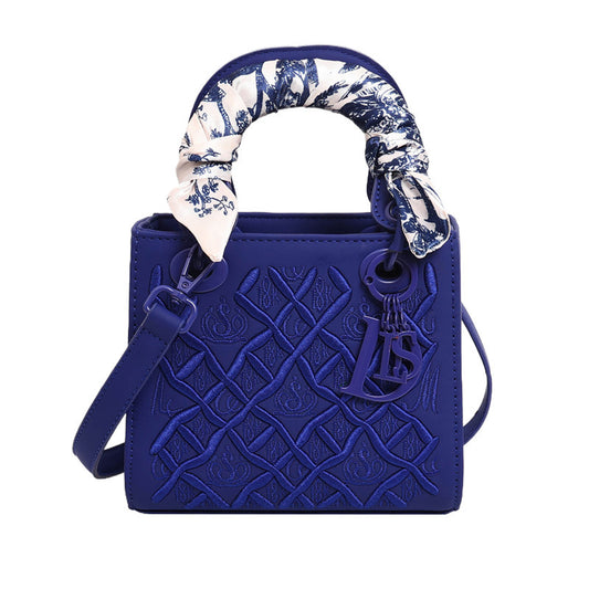 Elegant Embossed PU Leather Handbag with Scarf Detail - Versatile Top-Handle & Crossbody Bag(dark blue) V888-ELOSUNG29928