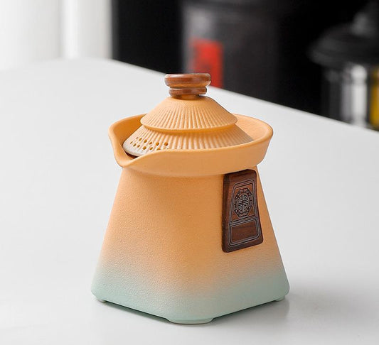 Artisan Ceramic Tea Pot with Built-in Strainer - 280ml, Gradient Finish & Wooden Accents(Yellow+cyan) V888-ELOSUNG29956
