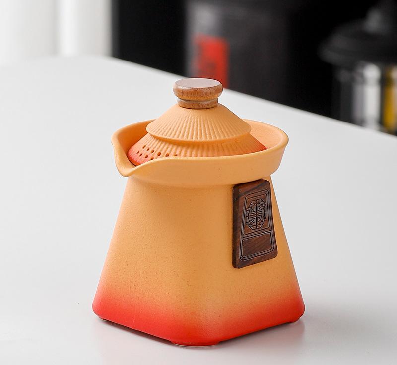 Artisan Ceramic Tea Pot with Built-in Strainer - 280ml, Gradient Finish & Wooden Accents(Yellow+red) V888-ELOSUNG29957