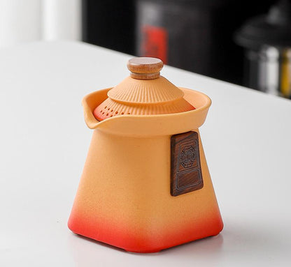 Artisan Ceramic Tea Pot with Built-in Strainer - 280ml, Gradient Finish & Wooden Accents(Yellow+red) V888-ELOSUNG29957