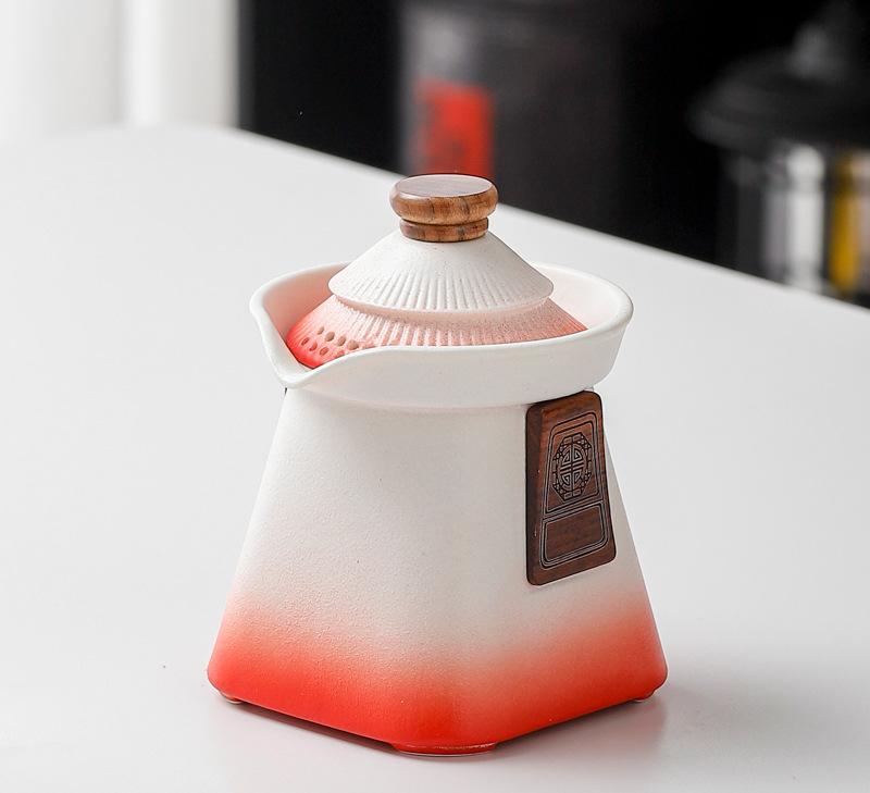 Artisan Ceramic Tea Pot with Built-in Strainer - 280ml, Gradient Finish & Wooden Accents(White+red) V888-ELOSUNG29958
