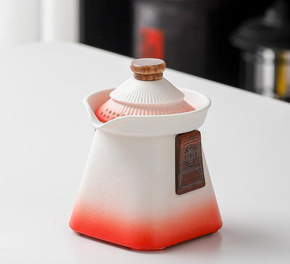 Artisan Ceramic Tea Pot with Built-in Strainer - 280ml, Gradient Finish & Wooden Accents(White+red) V888-ELOSUNG29958